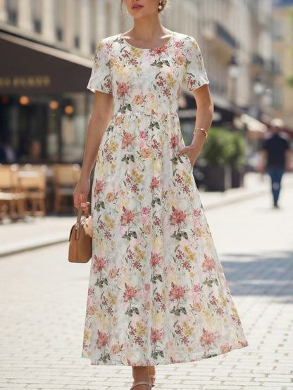 2026 Spring/Summer New Arrival - Short Sleeve Round Neck Floral Maxi Dress, Perfect for Both Office Commute And Leisure Vacation in Casual Loose Fitting Style