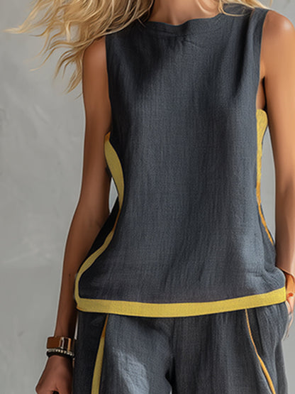 Completo con Profili Dorati — Top Senza Maniche e Pantalone a Gamba Larga
