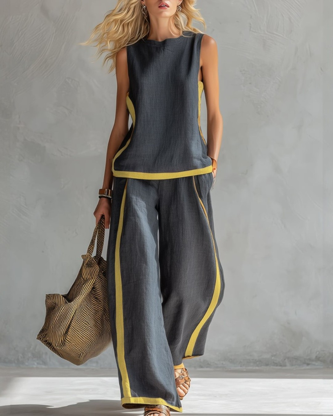 Completo con Profili Dorati — Top Senza Maniche e Pantalone a Gamba Larga