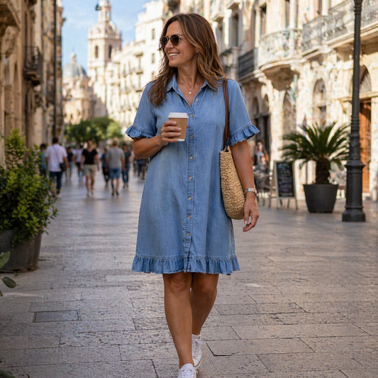 Elodie | Abito Denim Comodo con Dettaglio Arricciato
