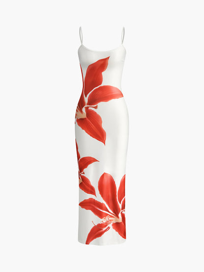 Crimson Bloom Silk Dress