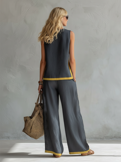 Completo con Profili Dorati — Top Senza Maniche e Pantalone a Gamba Larga