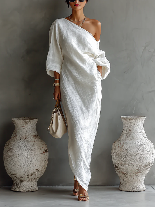 Elisa™ | Maxi abito elegante monospalla in bianco