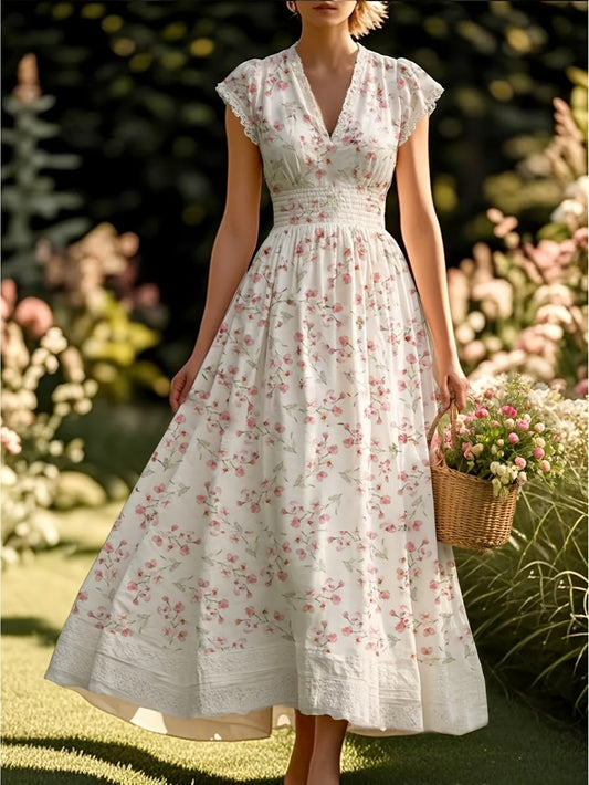 Midi Abito Rosa con Fiori di Ciliegio