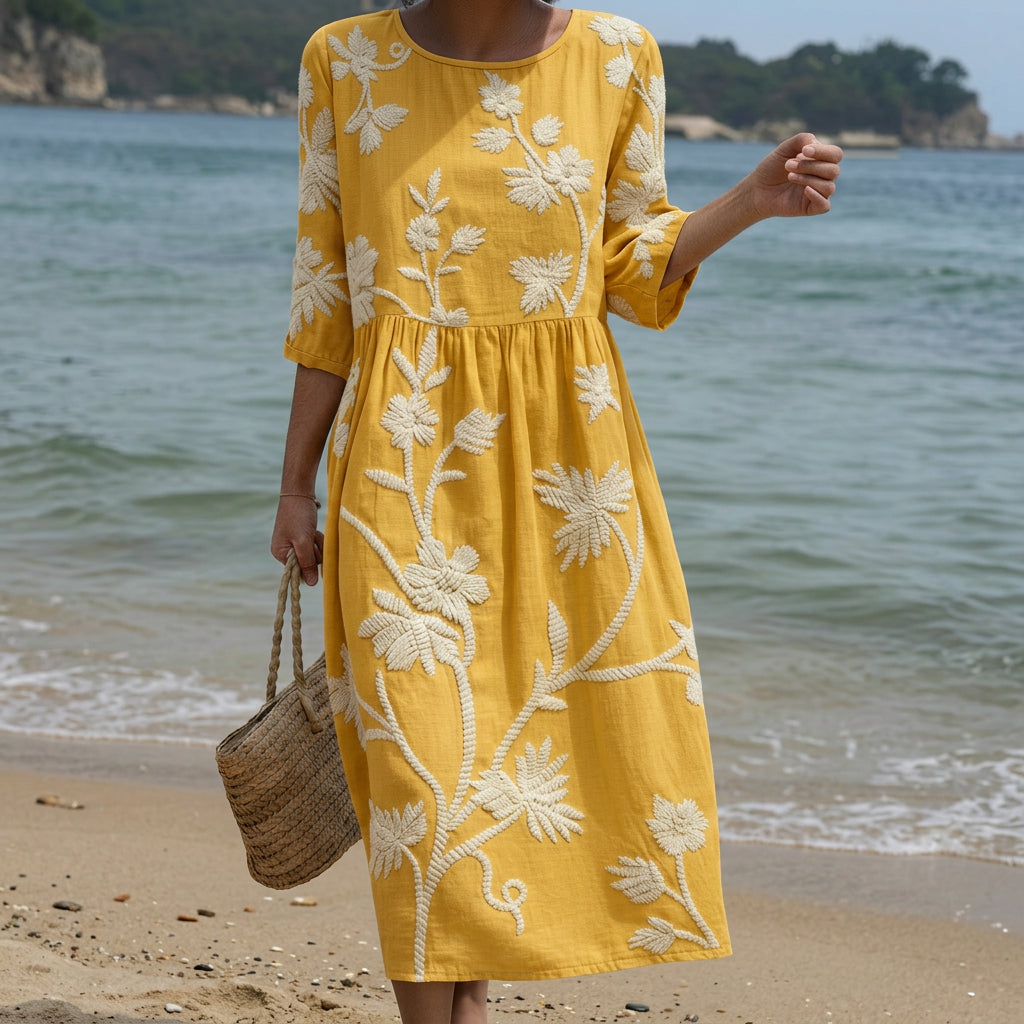 Iara – Abito Midi con Stampa di Piante e Fiori