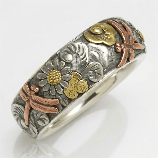 Anello Vintage in Argento Artigianale con Libellula e Girasole