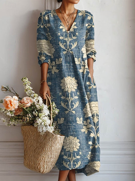 Abito Lungo in Lino con Stampa Floreale Vintage e Scollo a V